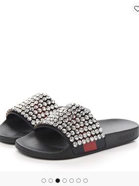 GUCCI | Calfskin Crystal Embellished Web Slide Sandals!!